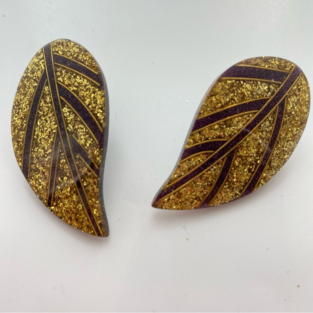 Gold and Brown Leaf Earrings Enamel Sparkly Pierced Post Autumn Fall